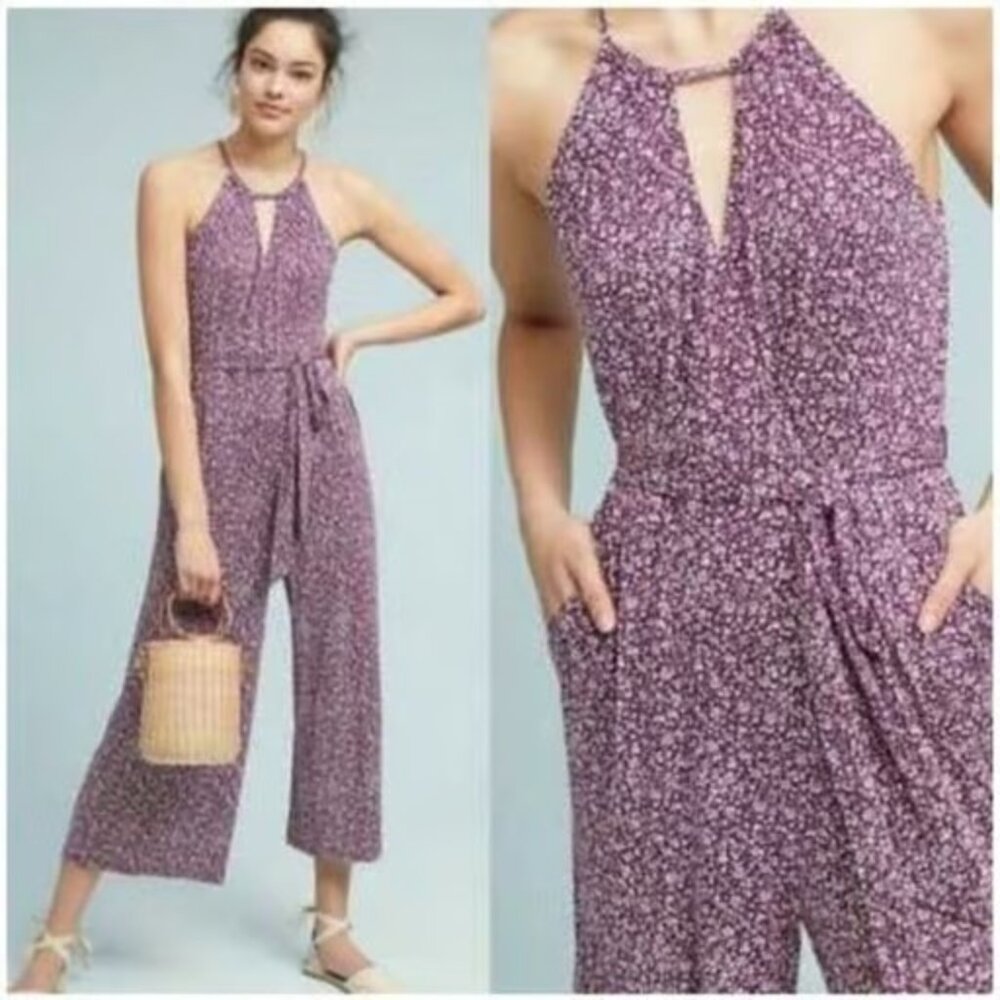 Maeve Anthropologie Halter wide leg Jumpsuit Large Purple Floral Print sz Large - Picture 10 of 10
